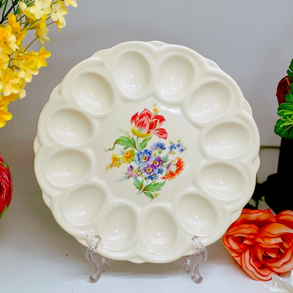Vintage E &R American Artware Deviled Egg Plate Ceramic White With Flowers
